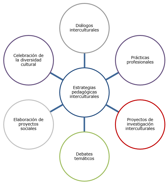 Figura 1. Perspectivas de estudiantes y docentes frente a las estrategias pedagógicas interculturales. Las cinco estrategias principales identificadas son: diálogos interculturales, elaboración de proyectos sociales, debates temáticos, celebración de la diversidad cultural y prácticas profesionales interculturales.
